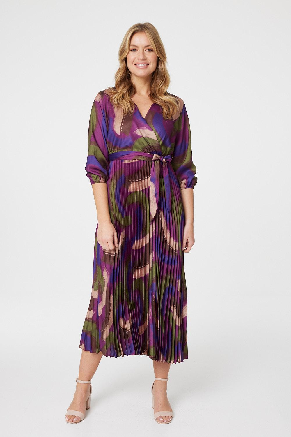 Purple | Printed 3/4 Sleeve Midi Wrap Dress