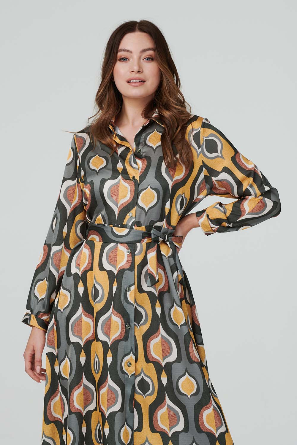 Yellow | Geo Print Satin Shirt Dress