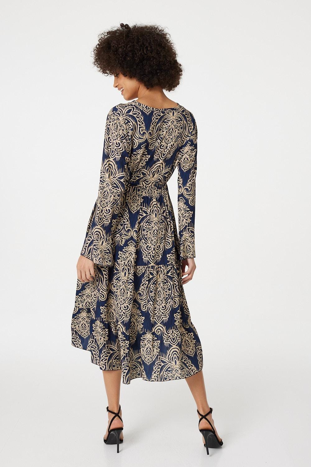 Blue | Printed V-Neck Midi Dress