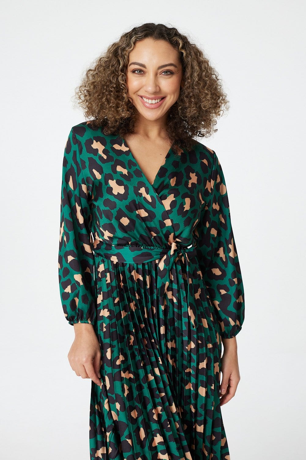 Green | Animal Print Satin Midi Dress