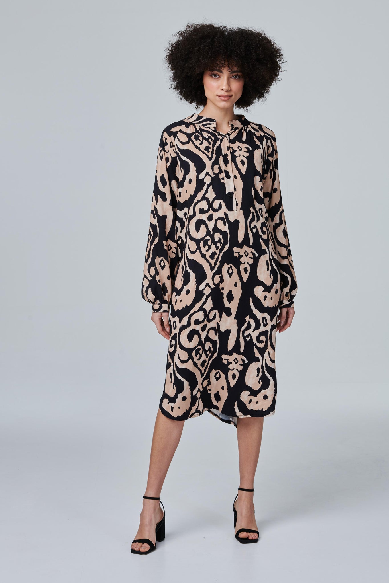 Beige | Printed Long Sleeve Tunic Dress