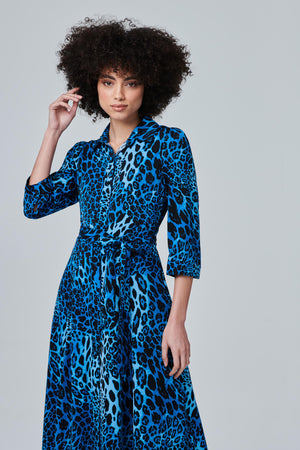 Blue | Leopard Print Midi Shirt Dress