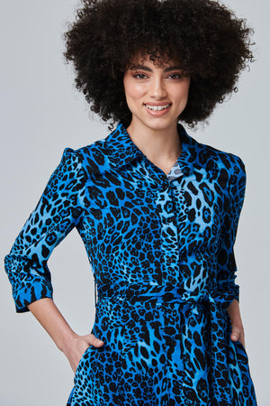 Blue | Leopard Print Midi Shirt Dress