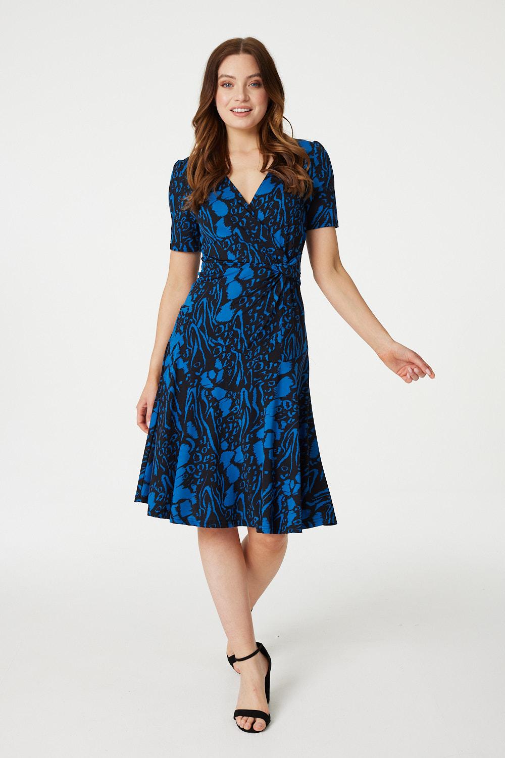 Blue | Printed Knot Front Midi Dress
