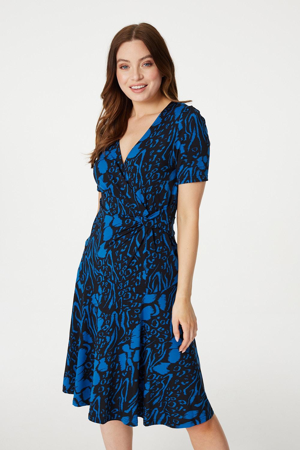 Blue | Printed Knot Front Midi Dress