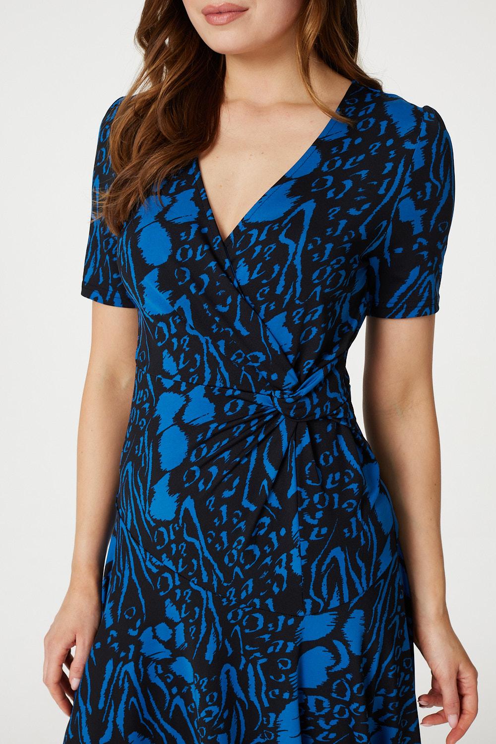 Blue | Printed Knot Front Midi Dress