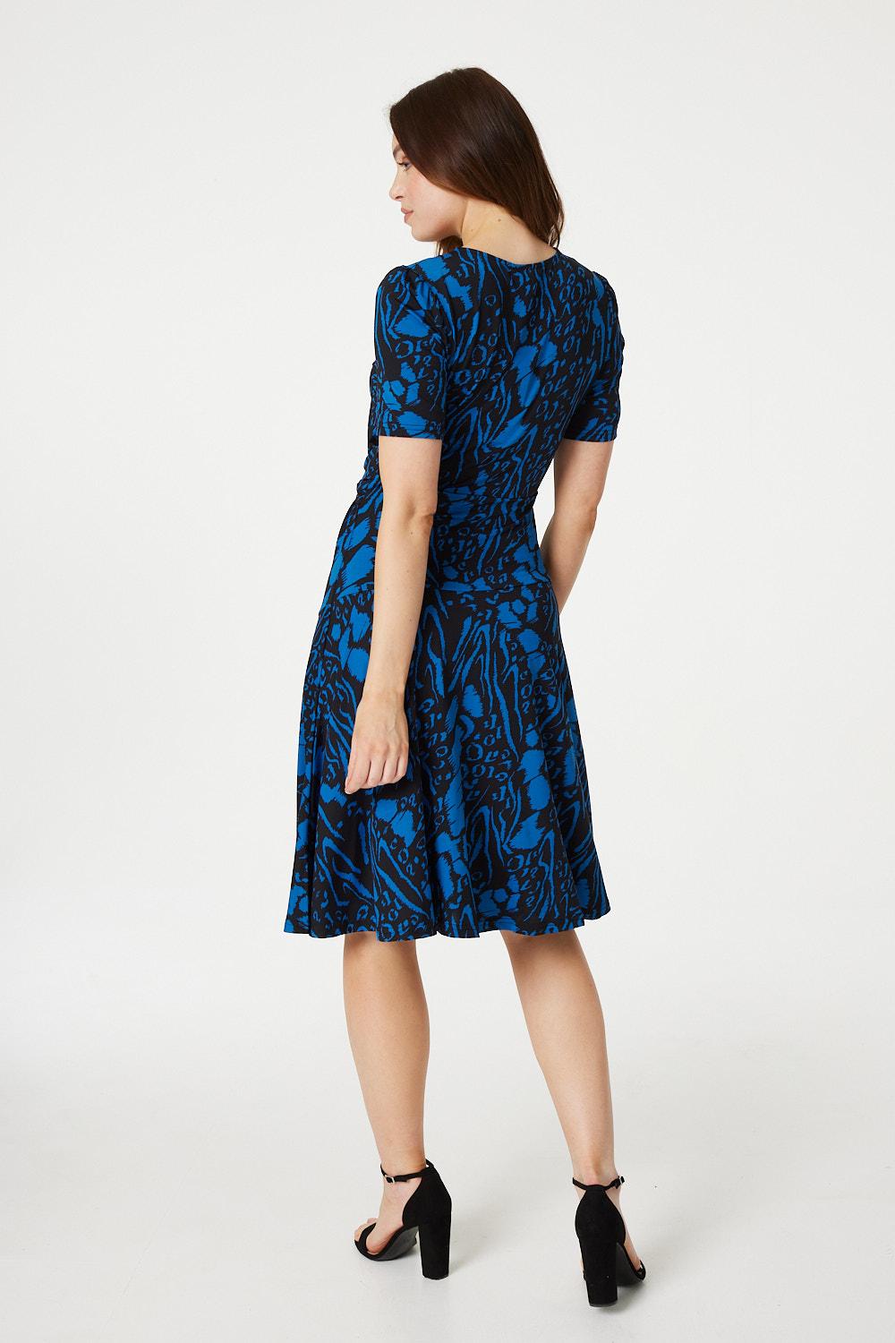 Blue | Printed Knot Front Midi Dress