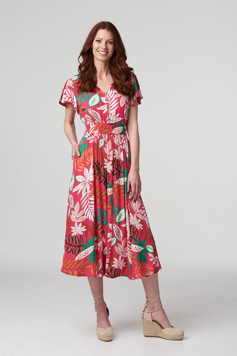 Pink | Leaf Print Midi Dress