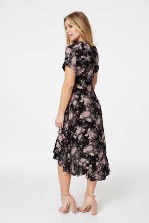 Black | Floral High Low Midi Dress