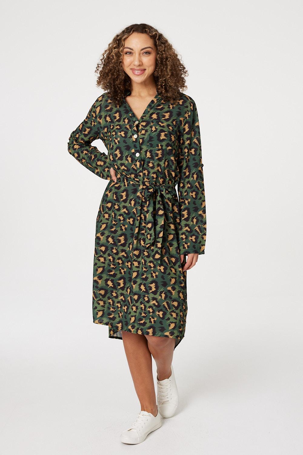 Green | Leopard Print Button Front Dress