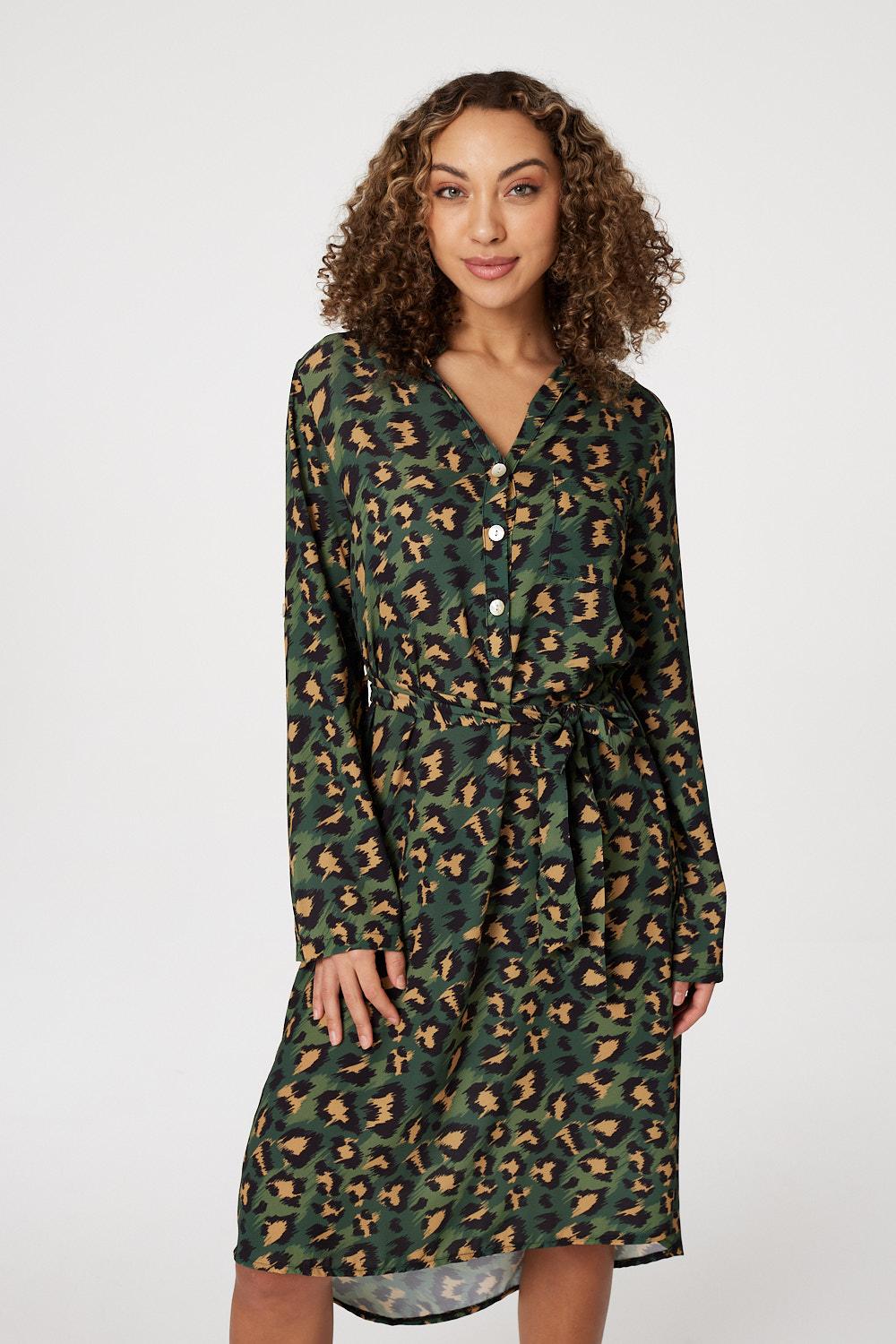 Green | Leopard Print Button Front Dress