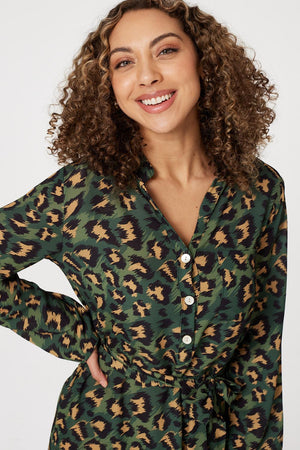 Green | Leopard Print Button Front Dress