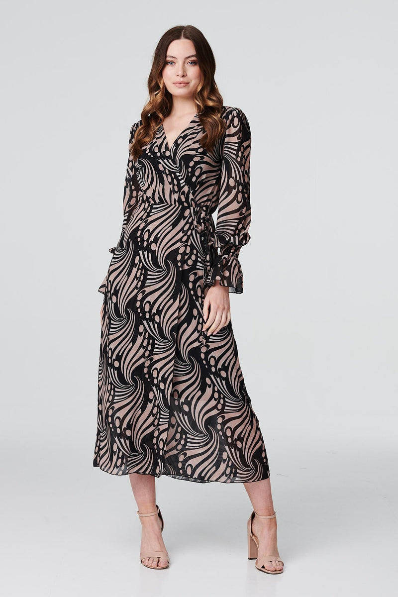 Brown | Abstract Swirl Print Midi Dress