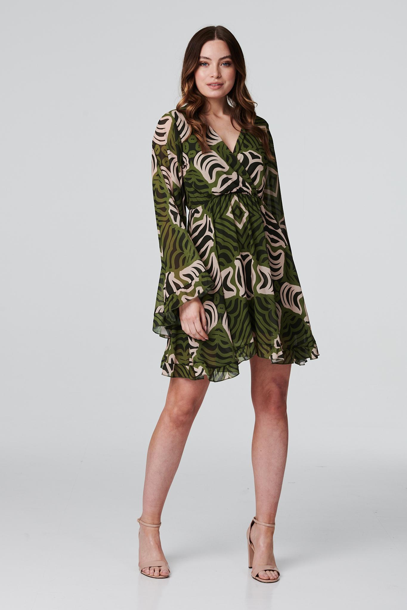 Khaki | Retro Print Short Skater Dress