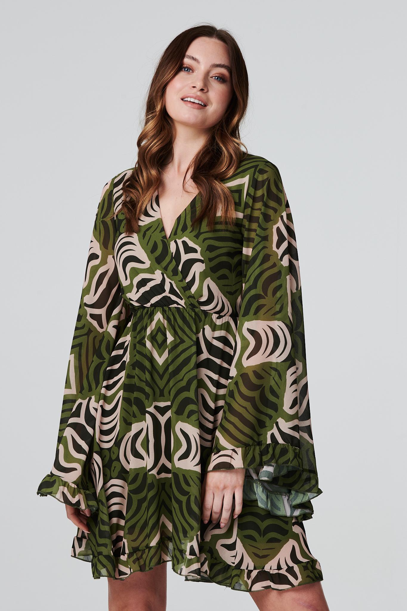 Khaki | Retro Print Short Skater Dress