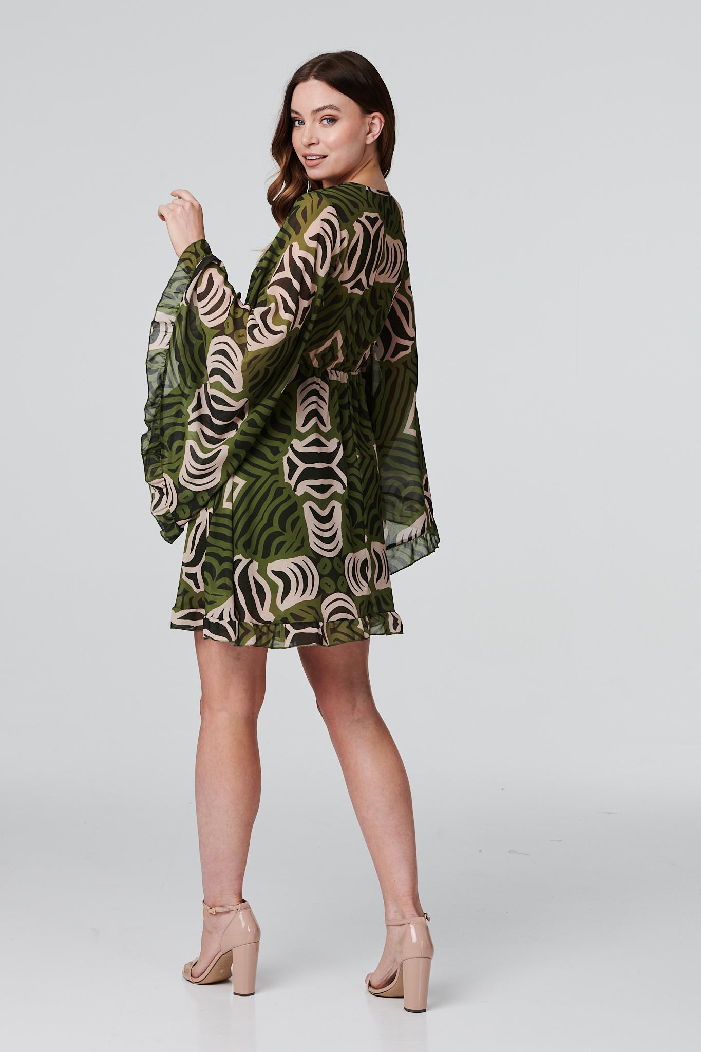 Khaki | Retro Print Short Skater Dress