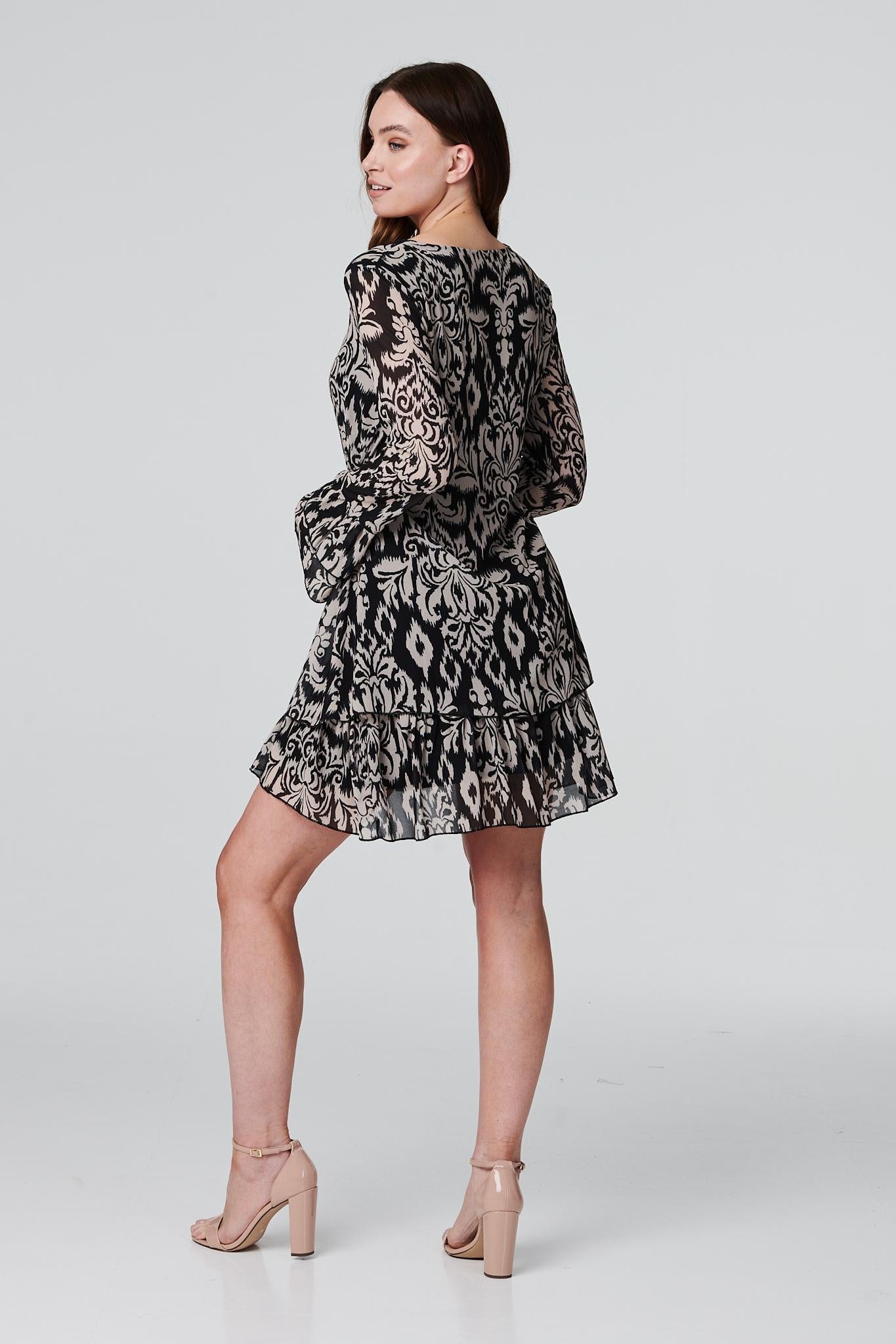 Beige | Printed Layered Skater Dress