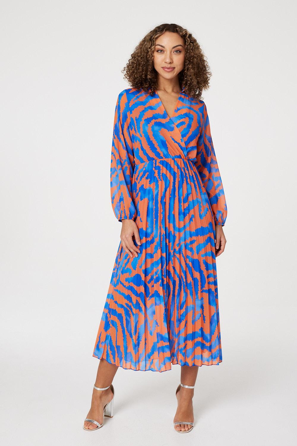 Orange | Zebra Print Pleated Midi Dress