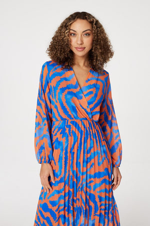Orange | Zebra Print Pleated Midi Dress