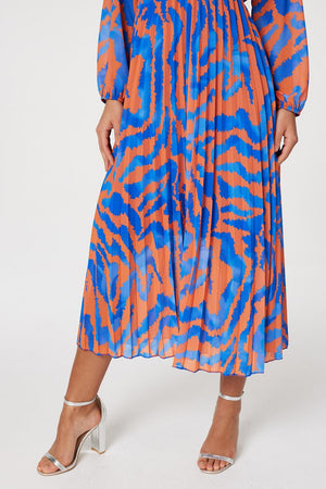 Orange | Zebra Print Pleated Midi Dress