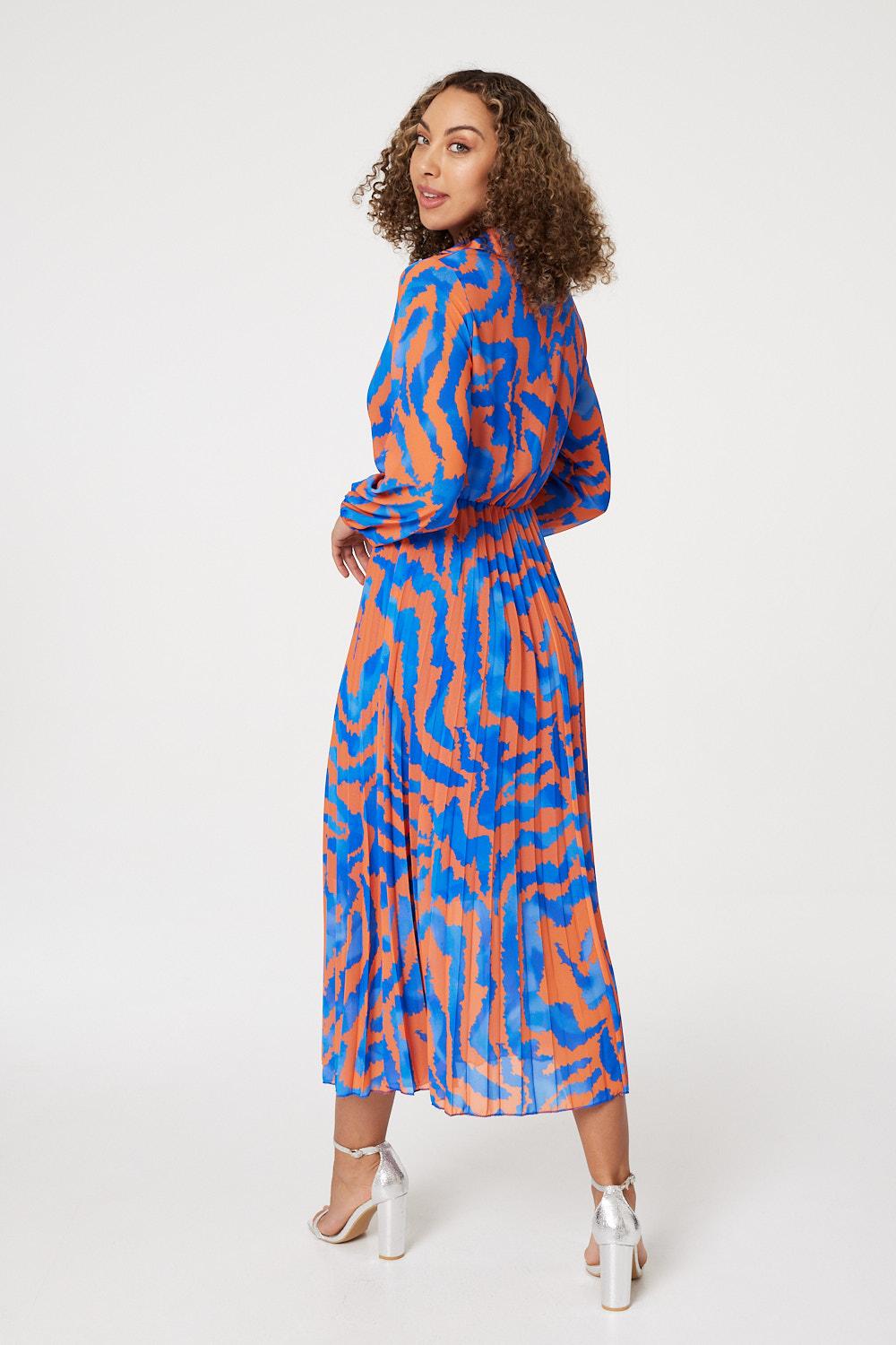 Orange | Zebra Print Pleated Midi Dress