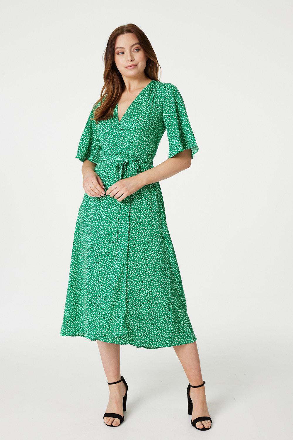Green | Ditsy Floral Midi Wrap Tea Dress