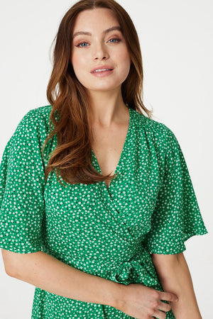 Green | Ditsy Floral Midi Wrap Tea Dress