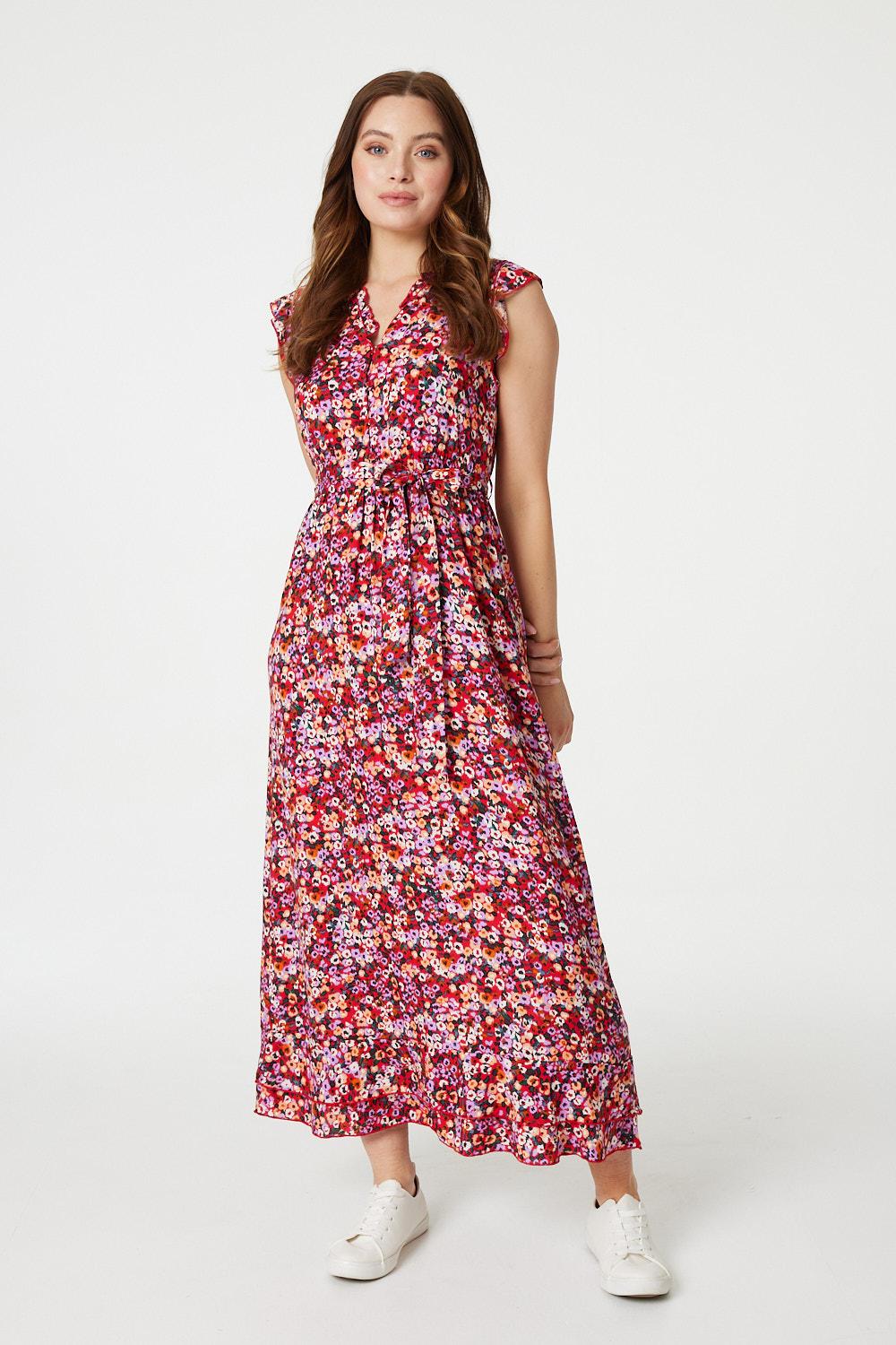 Red | Floral Frill Detail Maxi Dress