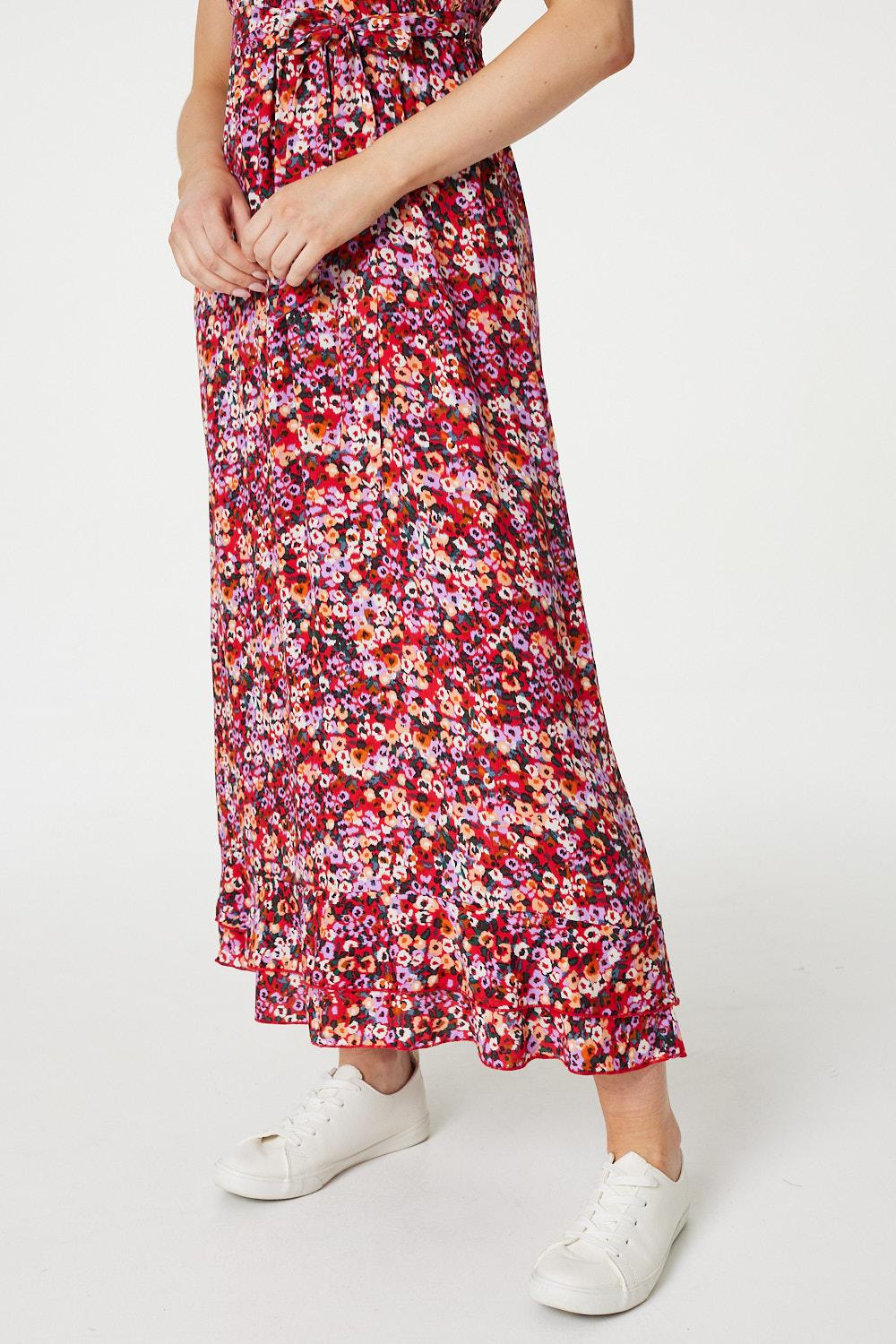 Red | Floral Frill Detail Maxi Dress