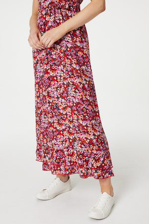 Red | Floral Frill Detail Maxi Dress