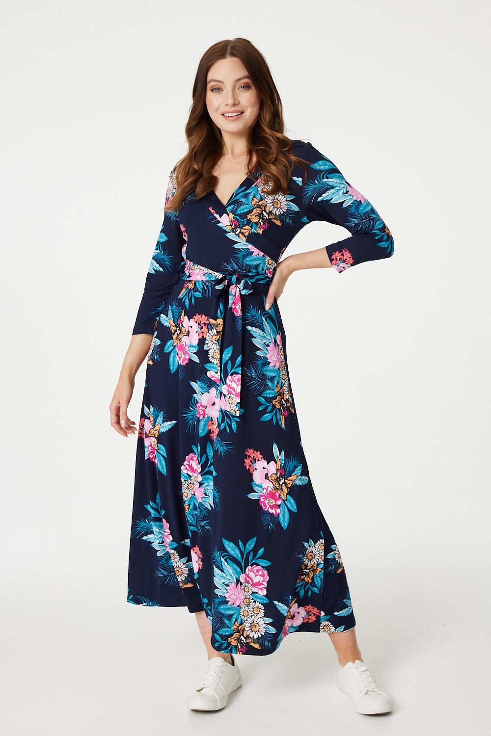 Navy | Floral Tie Waist Maxi Wrap Dress
