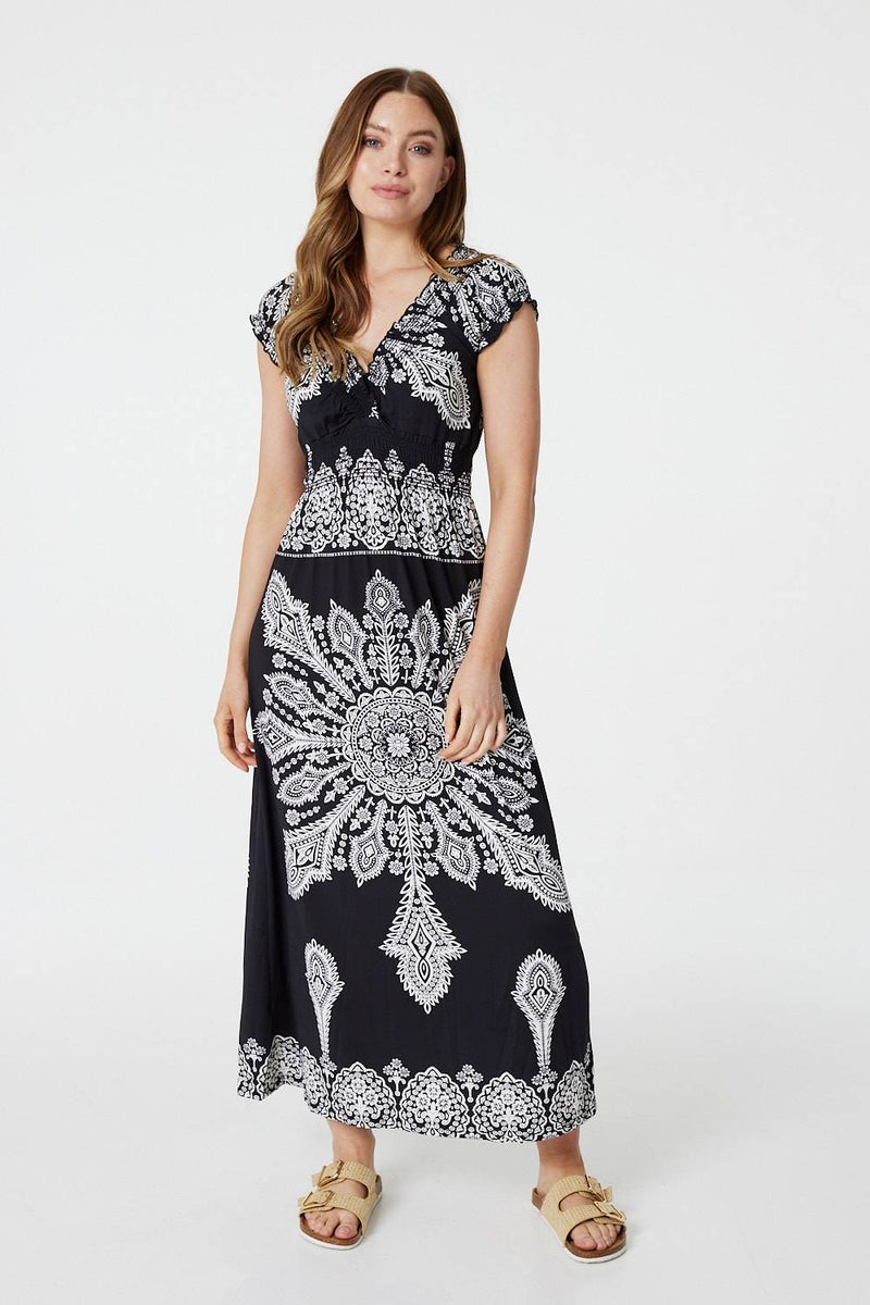 Black | Mosaic Print Cap Sleeve Maxi Dress