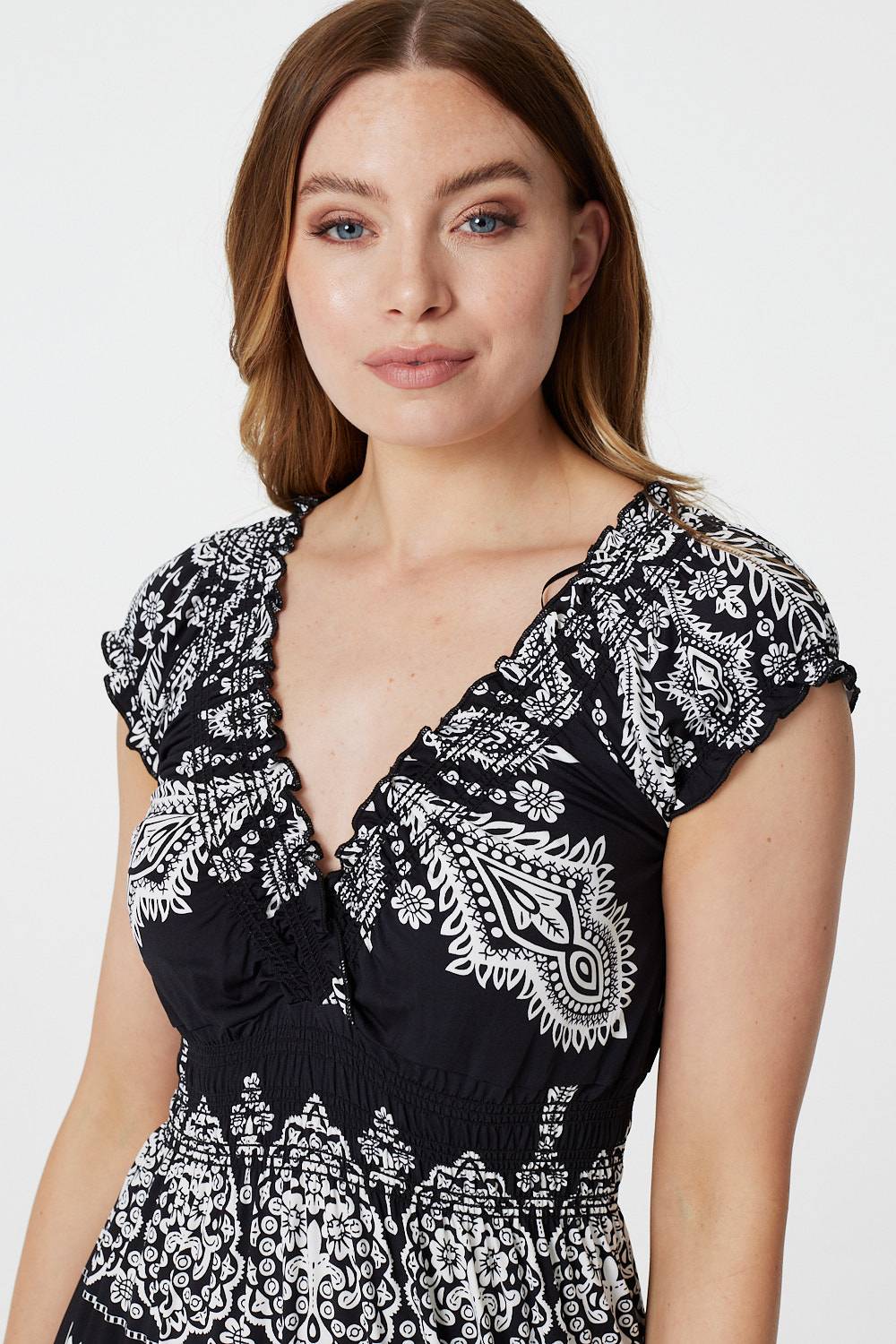 Black | Mosaic Print Cap Sleeve Maxi Dress