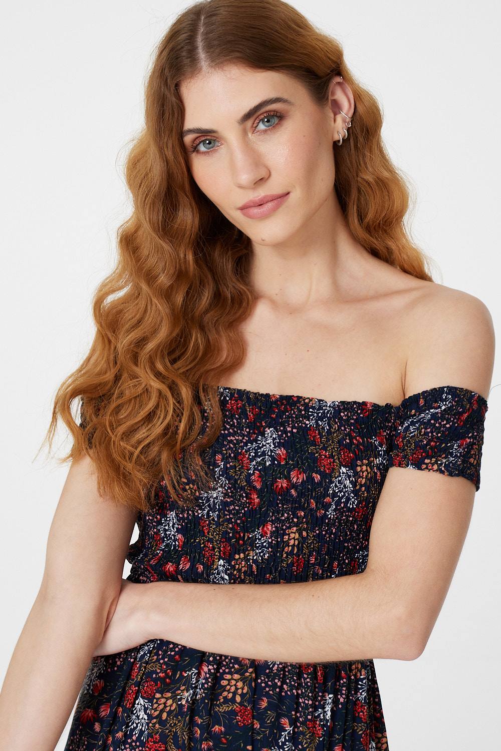Navy | Floral Bardot Maxi Dress
