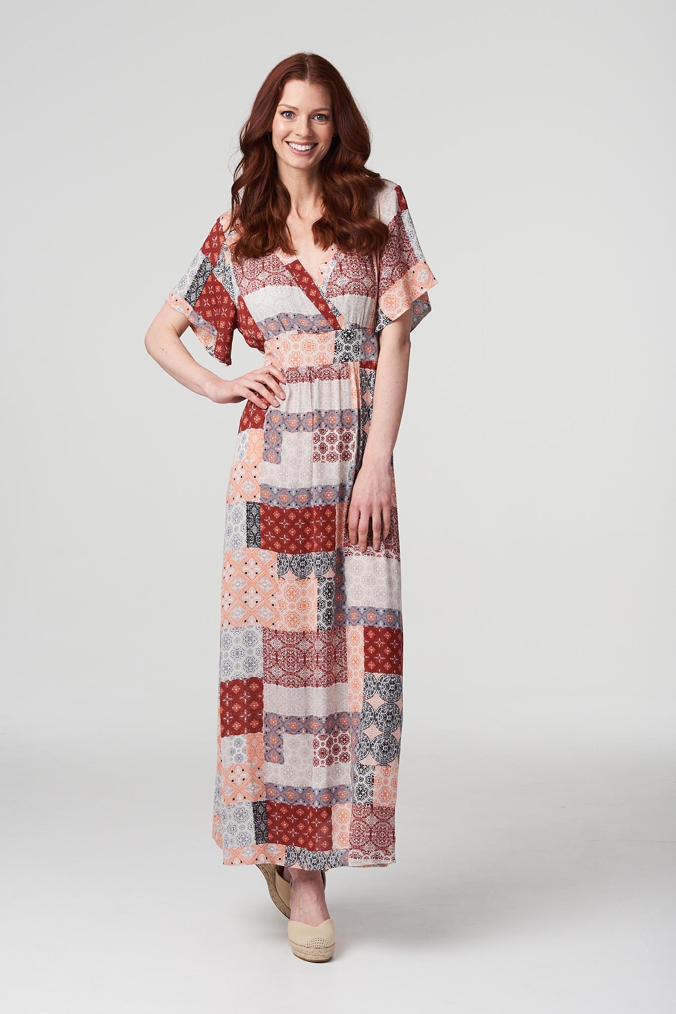 Red | Patchwork Side Split Maxi Dress