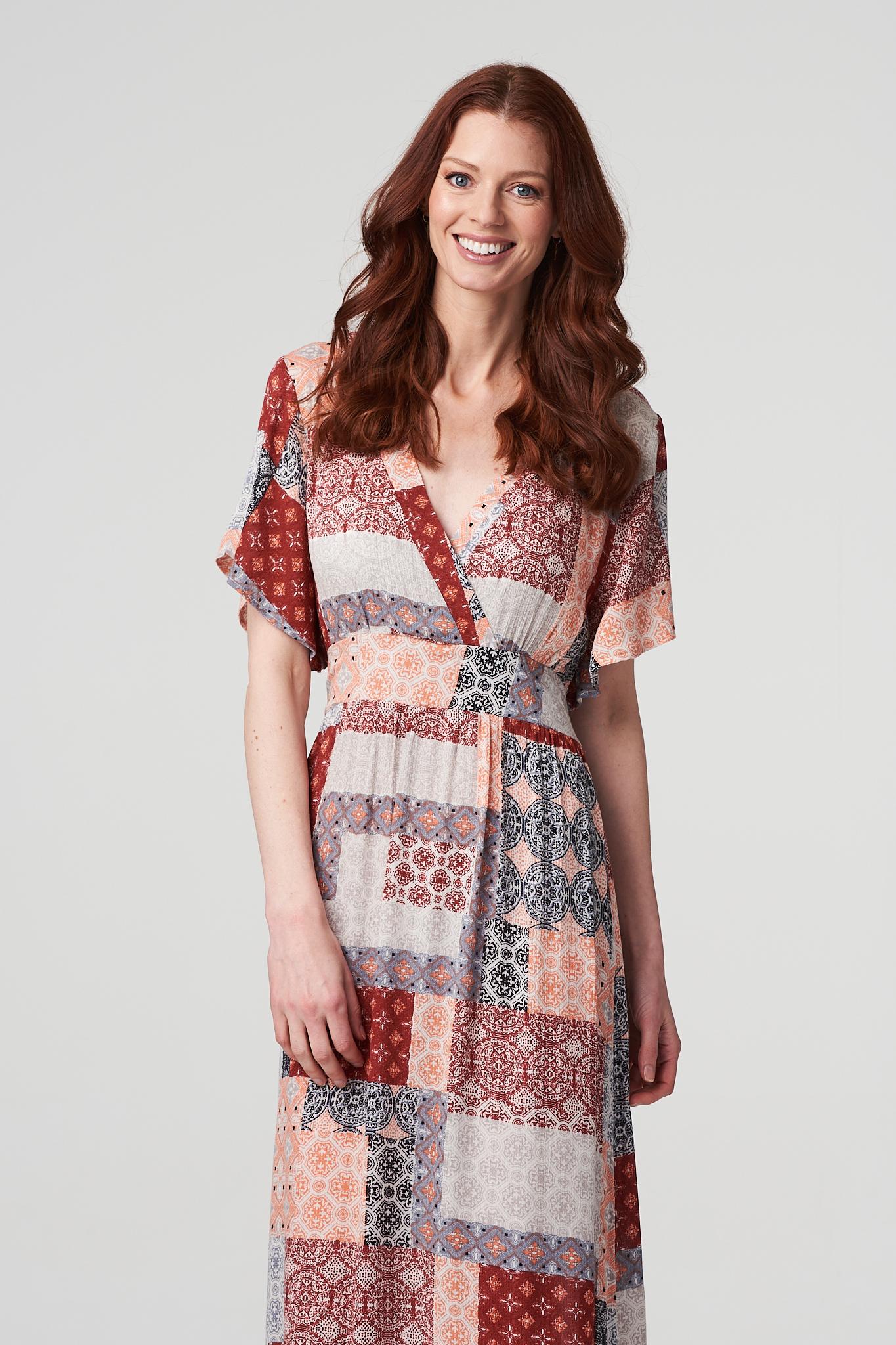 Red | Patchwork Side Split Maxi Dress