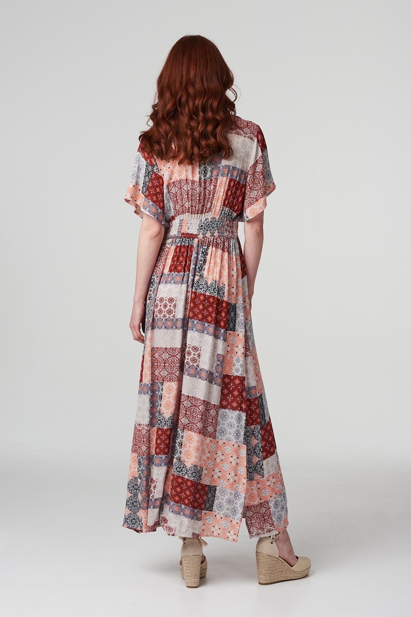 Red | Patchwork Side Split Maxi Dress