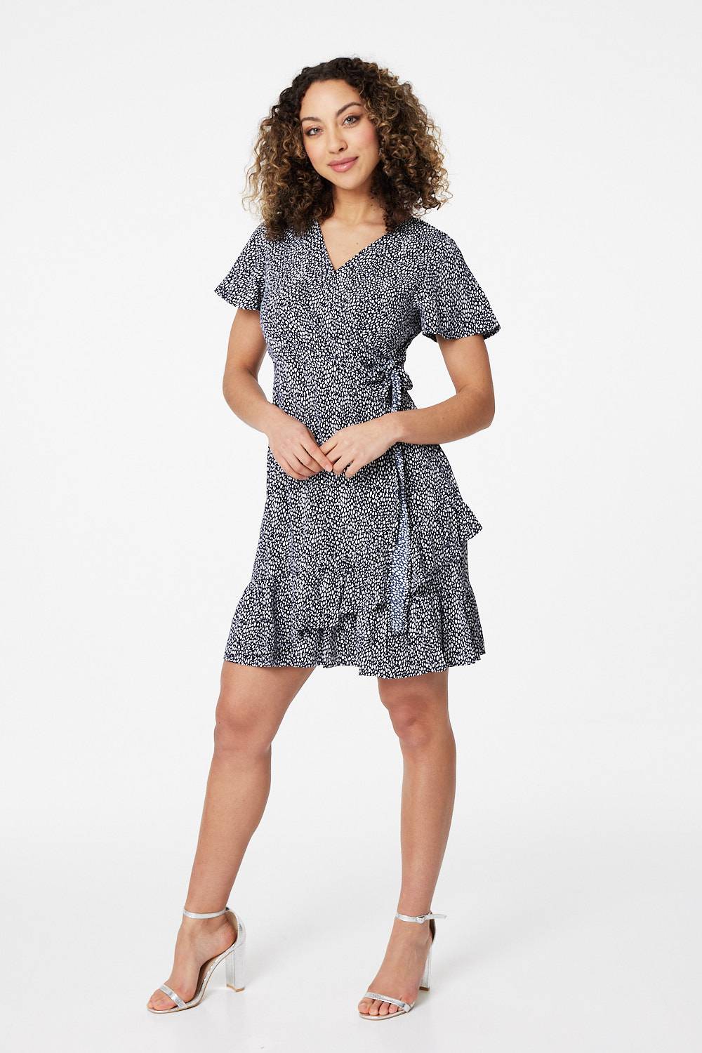 Navy | Polka Dot Wrap Front Skater Dress