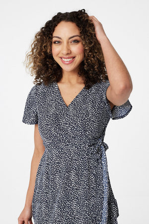 Navy | Polka Dot Wrap Front Skater Dress