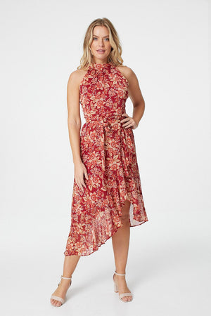 Red | Floral Halter Neck Midi Dress