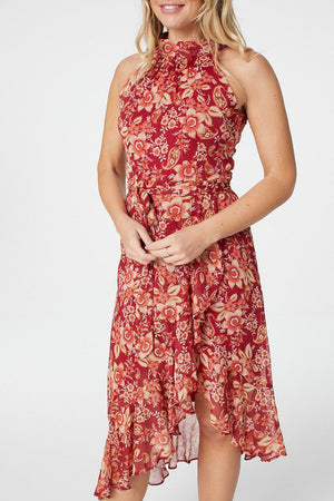 Red high best sale neck midi dress
