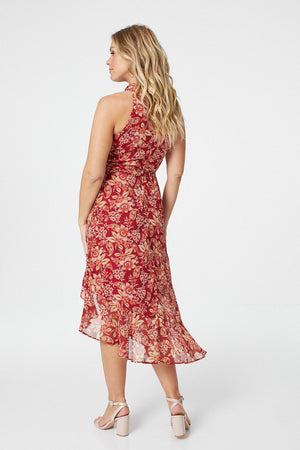 Red | Floral Halter Neck Midi Dress