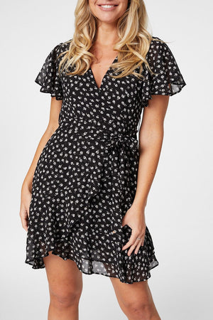 Black | Floral Fit & Flare Mini Wrap Dress