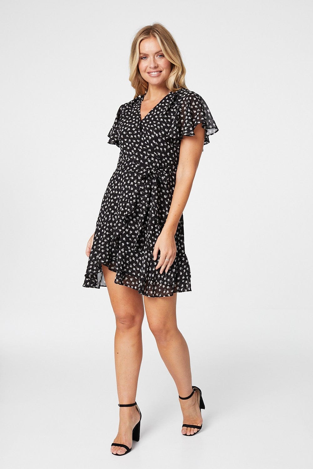 Black | Floral Fit & Flare Mini Wrap Dress