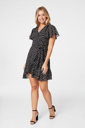 Black | Floral Fit & Flare Mini Wrap Dress