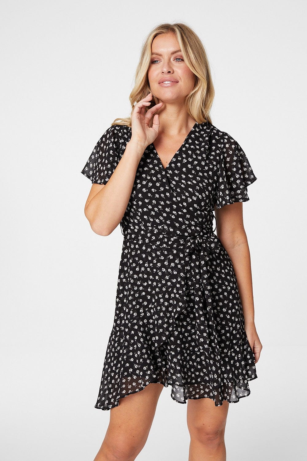 Black | Floral Fit & Flare Mini Wrap Dress