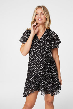 Black | Floral Fit & Flare Mini Wrap Dress