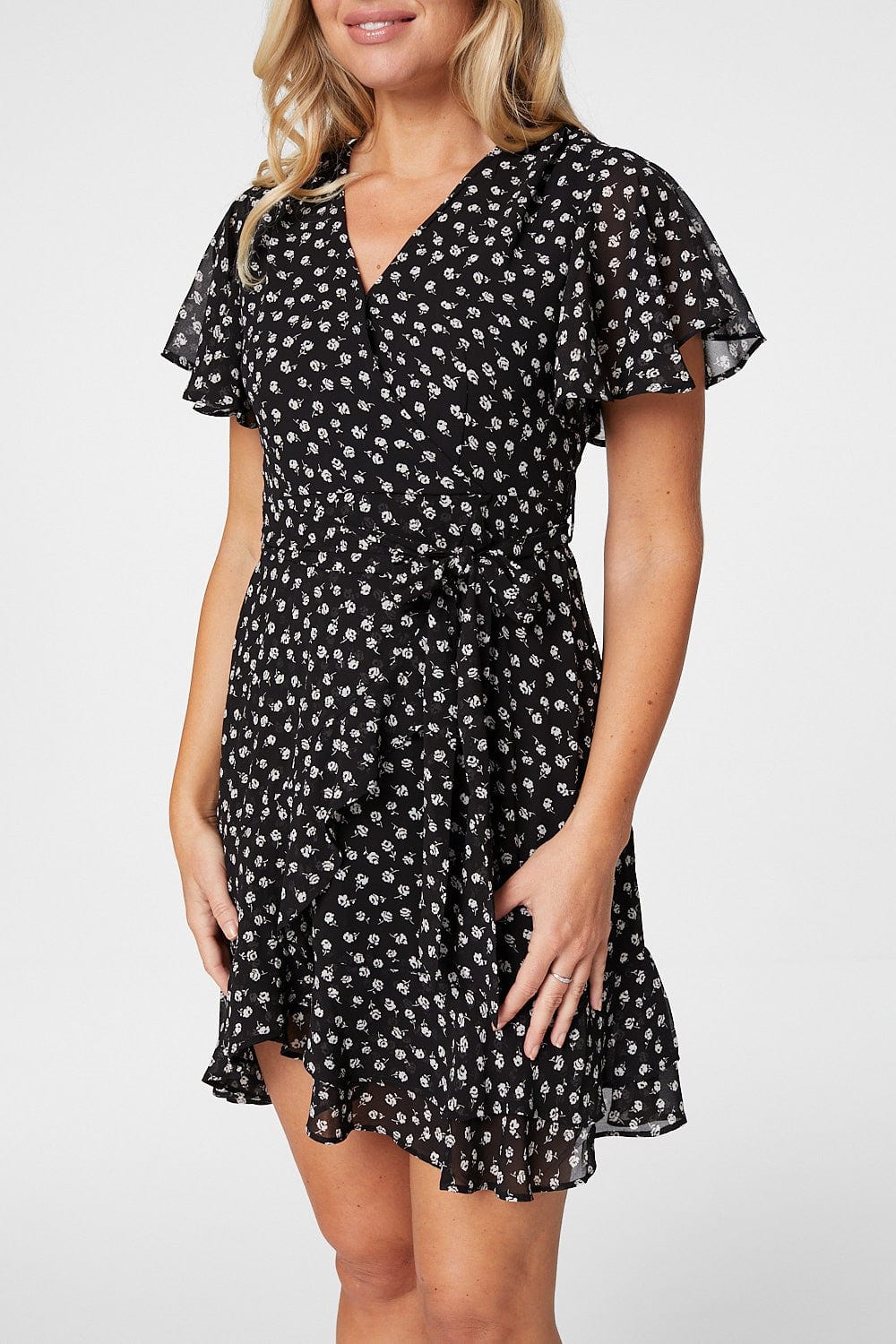 Black | Floral Fit & Flare Mini Wrap Dress