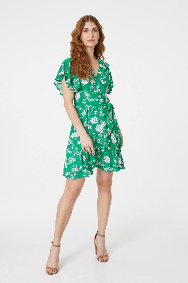 Green | Floral Angel Sleeve Wrap Dress