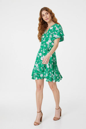 Green | Floral Angel Sleeve Wrap Dress